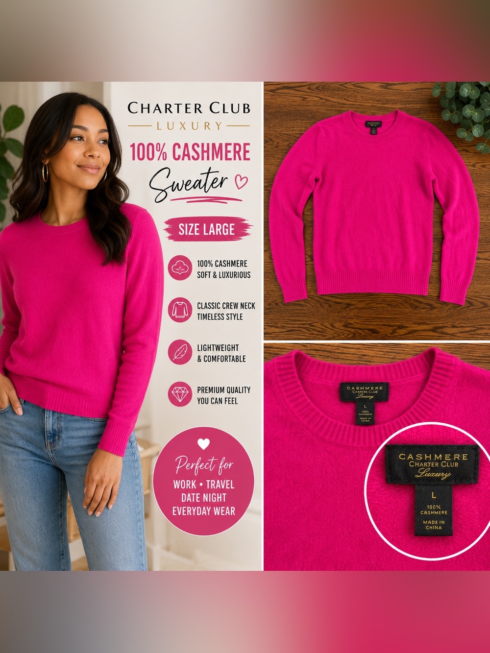 Charter Club Luxury 100% Cashmere Sweater Women’s Large Magenta